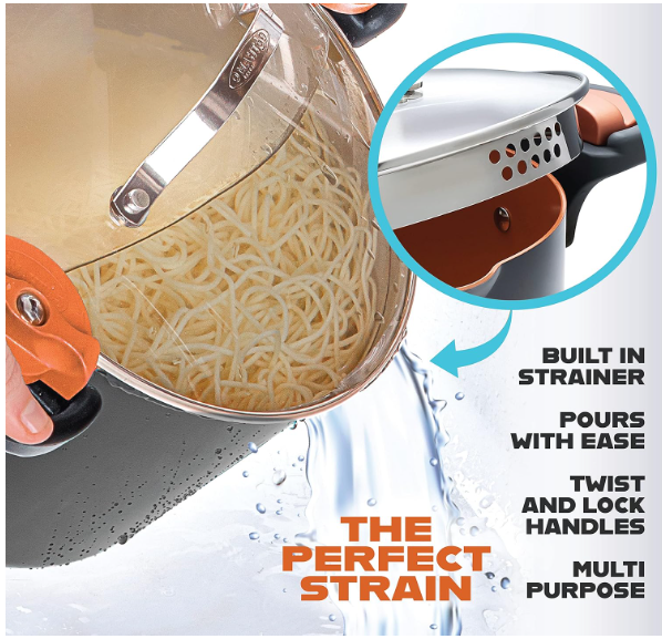 Gotham Steel Nonstick 5QT Pasta & Stock Pot – Twist-Lock Strainer Lid