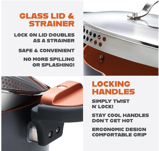 Gotham Steel Nonstick 5QT Pasta & Stock Pot – Twist-Lock Strainer Lid