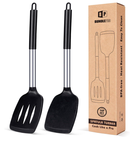 2-Pack Heat-Resistant Silicone Turner Spatulas – Nonstick BPA-Free Kitchen Tools (Black)