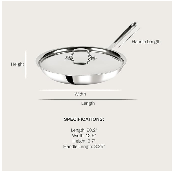 All-Clad D3 12" 3-Ply Stainless Steel Frying Pan with Lid – Induction & Oven Safe Skillet