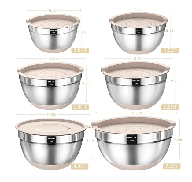 Stainless Steel Mixing Bowls Set with Airtight Lids & Graters – 26PCS Non-Slip Khaki Bowls